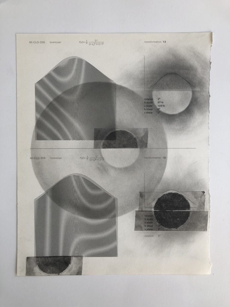Collage on moire with graphite and/or colored pencil, and/or watercolor, and/or scotch tape, 2020.