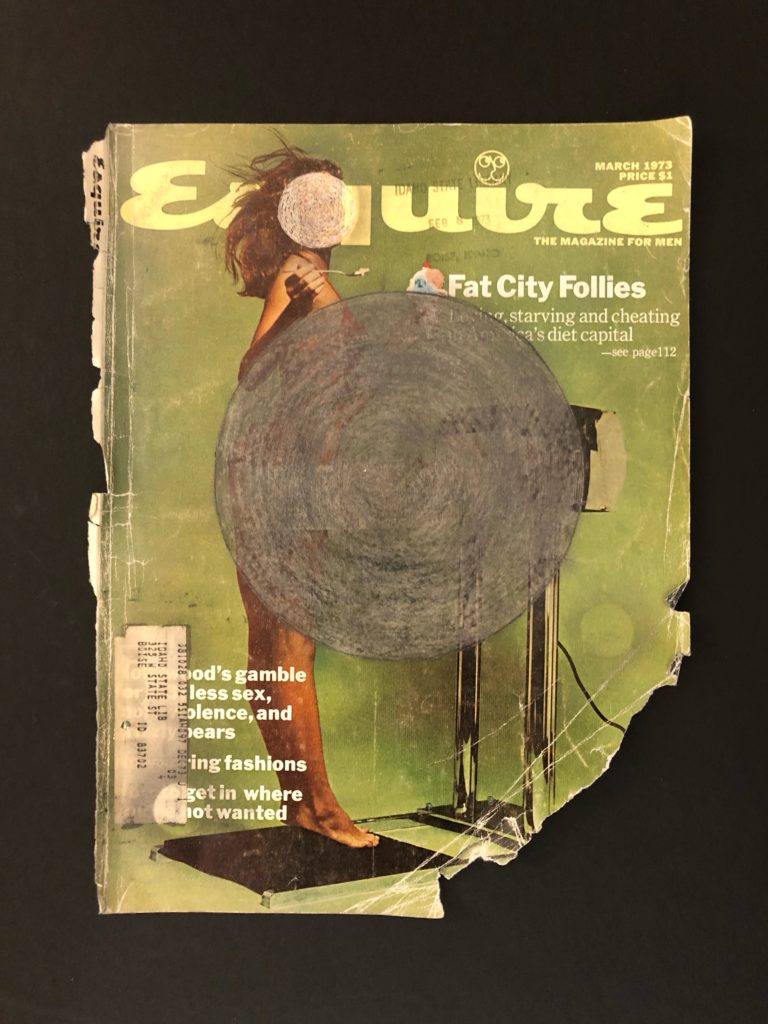 Graphite drawing of concentric circles along with scratched circles on the cover of Esquire magazine, 1973.